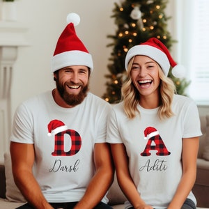 Familiekerstshirt met monogram, kerstpyjama dames, kerstmonogramshirt met broek, aangepast kerstshirt, vakantiepyjama