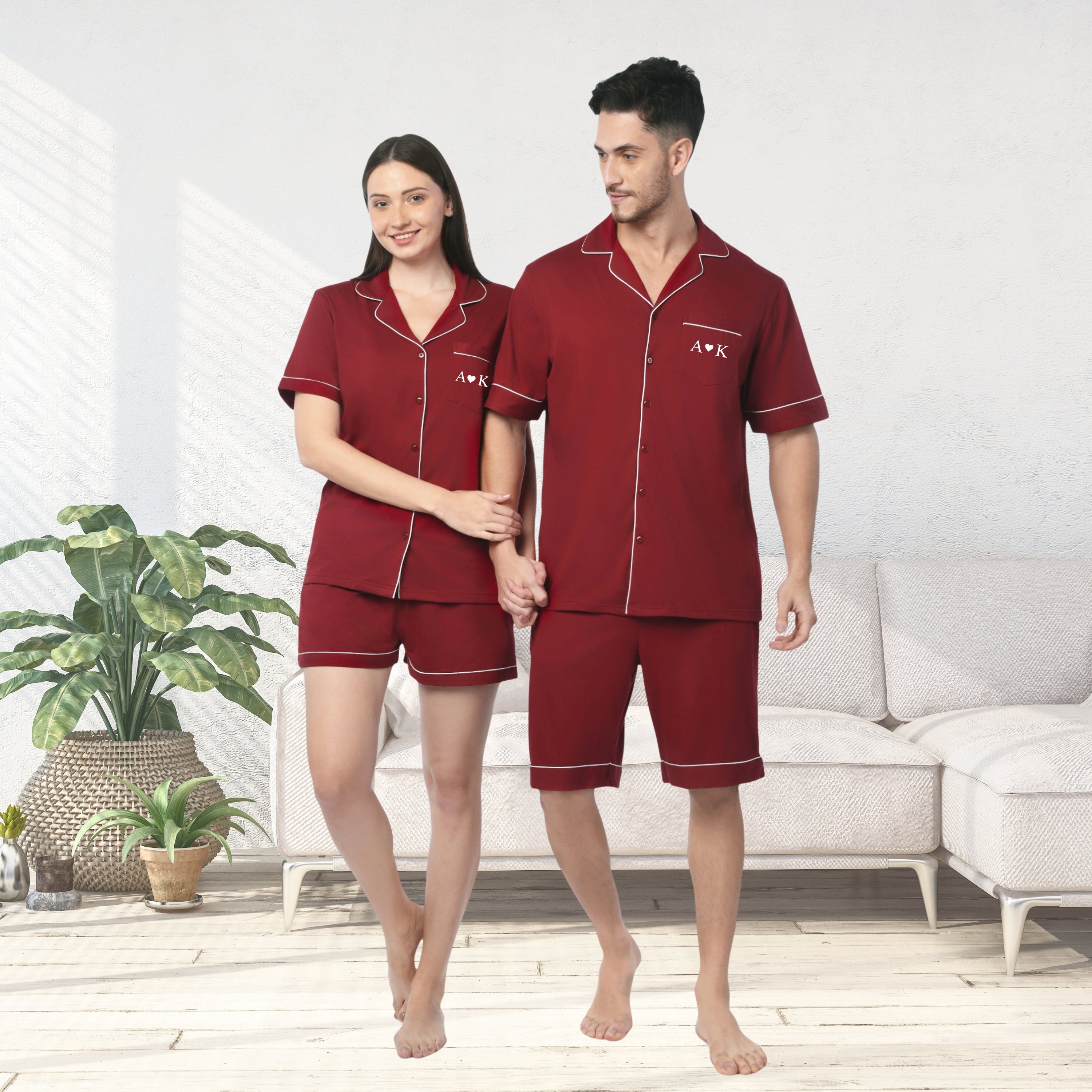 Matching Cotton Pajama Set, Embroidered Couples PJs