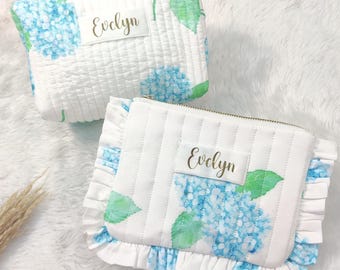 Hydrangea Makeup Bag Set of 2 Personalized Gift for Friends Bridesmaids Gift Idea Quilted Cosmetic Bag Toiletry Bag Travel Jewelry Bag