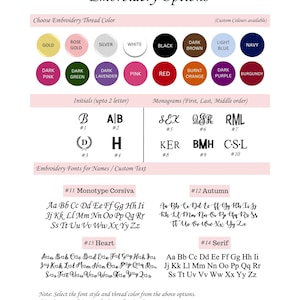 May include: An image displaying embroidery options, including thread colors like gold, pink, and black. It showcases various fonts and monogram styles for personalized embroidery projects. The text includes instructions for selecting options.