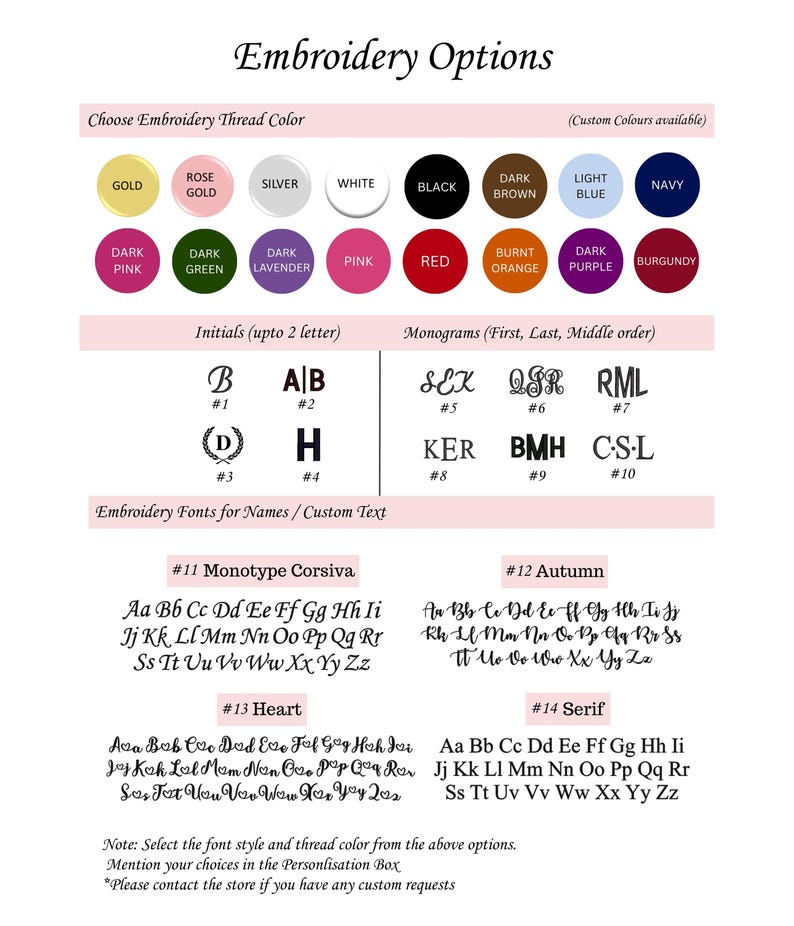 May include: An image displaying embroidery options, including thread colors like gold, pink, and black. It showcases various fonts and monogram styles for personalized embroidery projects. The text includes instructions for selecting options.
