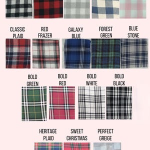 a collection of various colored flannel fabrics, including black, red, gray, blue, pink, classic plaid, galaxy blue, forest green, bold green, bold red, bold white, bold black, heritage plaid, sweet christmas, and perfect greige.