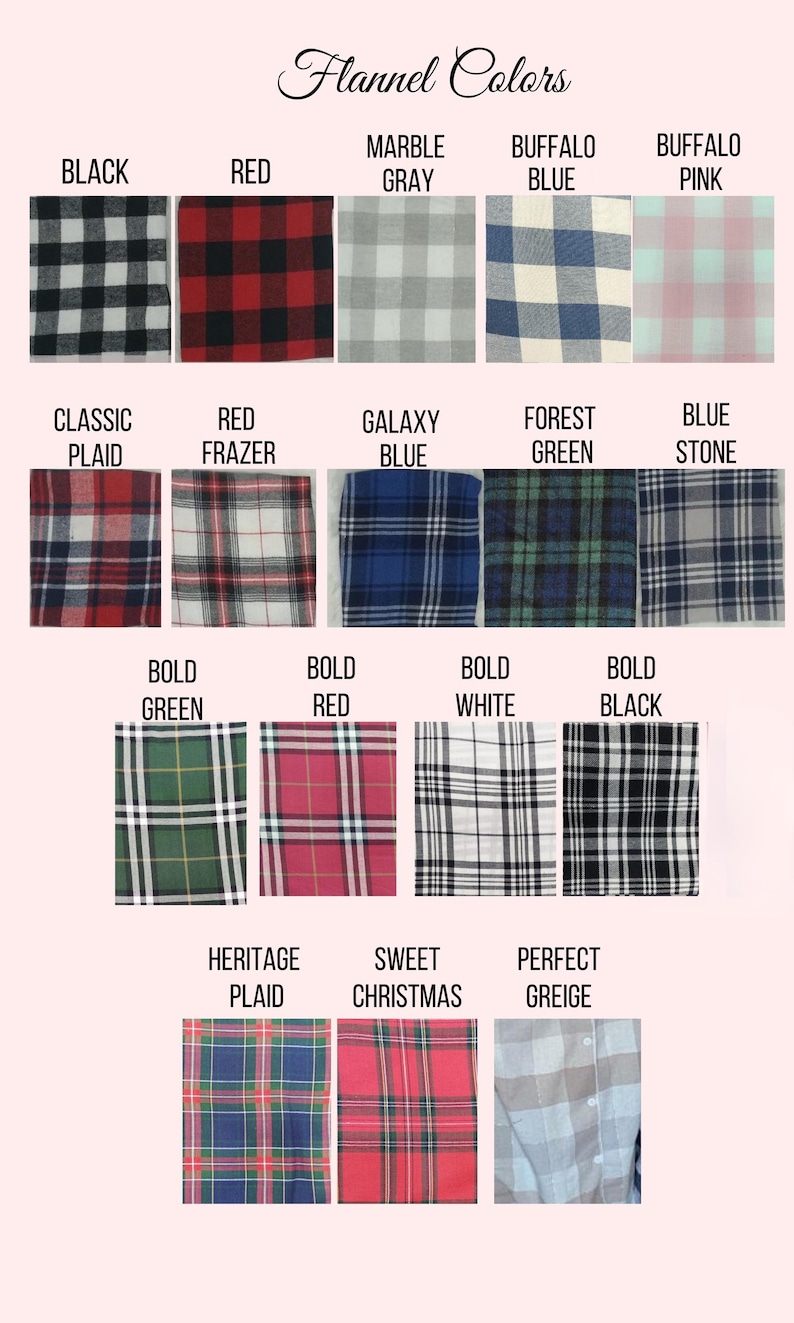 a collection of various colored flannel fabrics, including black, red, gray, blue, pink, classic plaid, galaxy blue, forest green, bold green, bold red, bold white, bold black, heritage plaid, sweet christmas, and perfect greige.