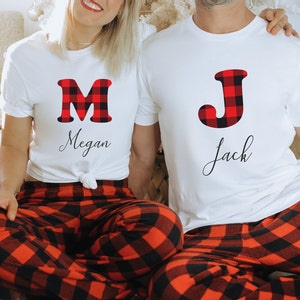 Valentines Gift for Him, Valentines Day Gift for Her, Couples Pajamas, Monogram shirt with pants, Matching Couples Pajamas, Cotton Pajamas