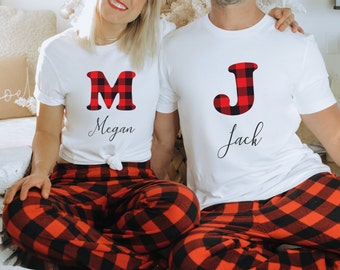 Valentines Gift for Him, Valentines Day Gift for Her, Couples Pajamas, Monogram shirt with pants, Matching Couples Pajamas, Cotton Pajamas