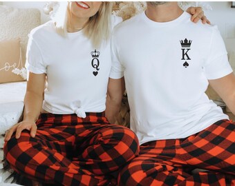 Valentines Day Gifts, King of Spades & Queen of Hearts Pocket Matching His and Hers Pyjama Set with T-shirt and Bottoms, Couple Matching