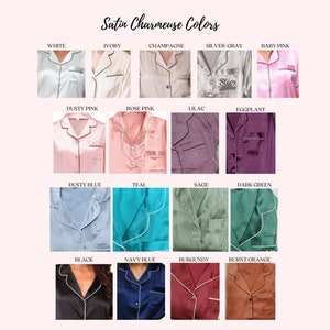 May include: A chart showing 16 different colors of satin charmeuse fabric. The colors are: white, ivory, champagne, silver gray, baby pink, dusty pink, rose pink, lilac, eggplant, dusty blue, teal, sage, dark green, black, navy blue, burgundy, and burnt orange.