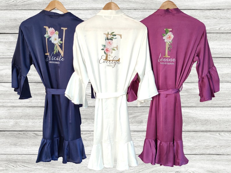 Personalized Floral Initial Satin Robe, Bridal Party Dressing Gown - Etsy