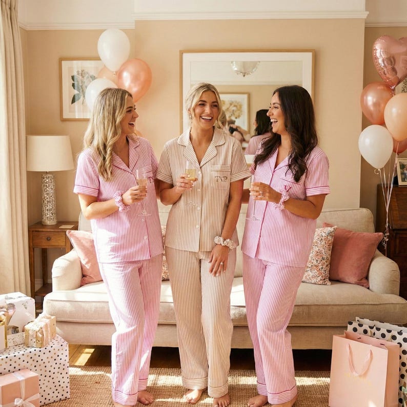May include: Three people wearing matching striped pajamas, holding champagne flutes. The pajamas are pink and white striped, with short sleeves and pants. The background includes balloons, a sofa, and gift boxes, suggesting a celebration.