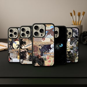 May include: Five phone cases with various designs featuring characters and scenes from the "How to Train Your Dragon" movie. The cases showcase images of Toothless, dragons, and text from the movie. The cases are black with a glossy finish.