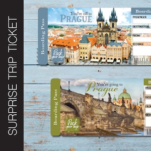 Billete de regalo imprimible para un viaje sorpresa a PRAGA. Tarjeta de embarque. Billete. Billete de viaje. Billete de vacaciones. Descarga instantánea. Archivo PDF editable.