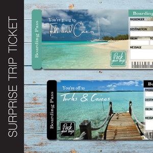 Printable TURKS And CAICOS Surprise Trip Gift Ticket. Boarding Pass. Trip Ticket. Vacation Ticket. Instant Download. Editable File.