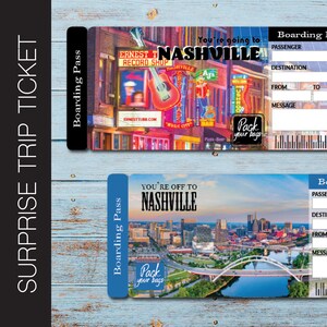 Printable NASHVILLE Surprise Trip Gift Ticket. Boarding Pass. Ticket. Trip Ticket. Vacation Ticket. Instant Download. Editable PDF File.