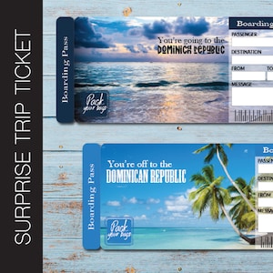 Printable DOMINICAN REPUBLIC Surprise Trip Gift Ticket. Boarding Pass. Printable Ticket. Trip Ticket. Vacation Ticket.PDF Instant Download
