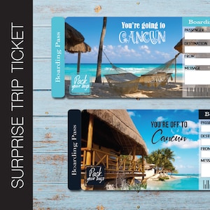 Printable CANCUN Surprise Trip Gift Ticket. Boarding Pass. Trip Ticket. Vacation Ticket. Instant Download. Editable PDF File.