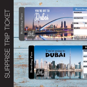 Billet cadeau imprimable DUBAI voyage surprise. Carte d'embarquement. Billet Billet de voyage. Billet vacances. Téléchargement instantané. Fichier PDF modifiable.