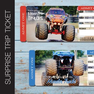 Ausdruckbare MONSTER TRUCKS Surprise Trip Tickets. Urlaubsticket. Bordkarte.