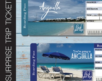 May include: Two boarding pass tickets with beach scenes, text that says "You're off to Anguilla" and "You're going to Anguilla". The tickets have space for passenger information and a barcode.