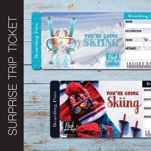 Printable SKIING Surprise Trip Gift Ticket. Boarding Pass. Trip Ticket. Vacation Ticket. Instant Download. Editable PDF File.