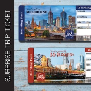Bilhete-presente para viagem surpresa em MELBOURNE para impressão. Cartão de embarque. Bilhete de viagem. Bilhete de férias. Download instantâneo. Arquivo PDF editável.