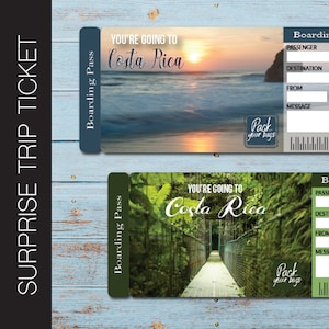 Printable COSTA RICA Surprise Trip Gift Ticket. Boarding Pass. Trip Ticket. Vacation Ticket. Instant Download. Editable PDF File.