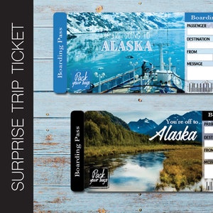Printable ALASKA Surprise Trip Gift Ticket. Boarding Pass. Printable Ticket. Trip Ticket. Vacation Ticket. Editable PDF Instant Download