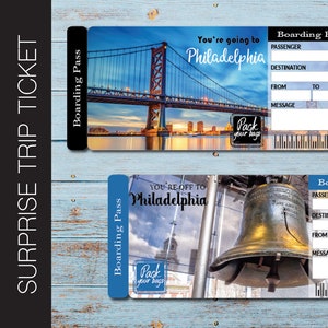Printable PHILADELPHIA Surprise Trip Gift Ticket. Boarding Pass. Ticket. Trip Ticket. Vacation Ticket. Instant Download. Editable PDF File.