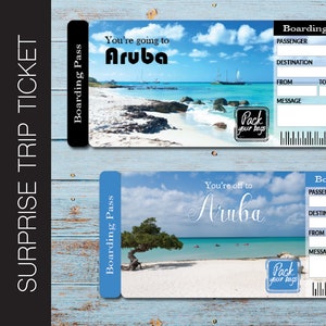 Afdrukbaar ARUBA-cadeaubon voor verrassingsreis. Instapkaart. Kaartje. Reiskaartje. Vakantiekaart. Direct downloaden. Bewerkbaar pdf-bestand.