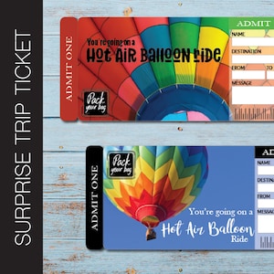 Druckbare HOT AIR BALLOON Surprise Trip Tickets. Urlaubsticket. Bordkarte.
