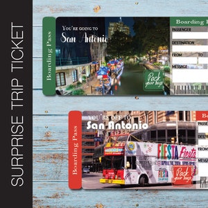 Boleto de regalo imprimible para un viaje sorpresa a San Antonio. Tarjeta de embarque. Boleto de viaje. Boleto vacacional. Descarga instantánea. Archivo PDF editable.