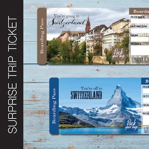 Billete de regalo de viaje sorpresa a SUIZA imprimible. Tarjeta de embarque. Billete de viaje. Billete de vacaciones. Descarga instantánea. Archivo PDF editable.
