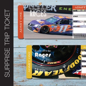Druckbare AUTO RACING Surprise Trip Tickets. Überraschungsreise offenbaren. Nascar-Rennen. Stock Car Rennsport. Sofort Download.