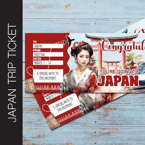 JAPON Billet cadeau voyage surprise pour félicitations. Tout le texte modifiable. Carte d'embarquement. Billet de voyage imprimable. Bon de vacances à imprimer/envoyer par e-mail Corjl