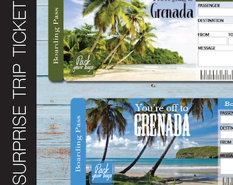 May include: Two printable boarding passes with a tropical beach scene and the text "You're going to Grenada" and "You're off to GRENADA".
