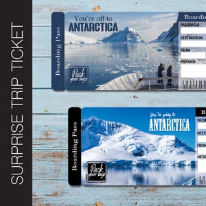 Boleto de regalo imprimible para viaje sorpresa a la ANTÁRTIDA. Tarjeta de embarque. Boleto de viaje. Boleto de vacaciones. Descarga instantánea. Archivo PDF editable.