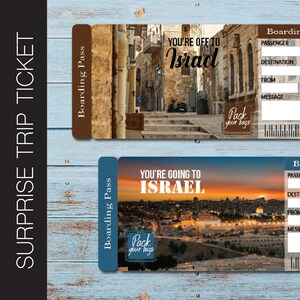 Boleto de regalo imprimible para un viaje sorpresa a Israel. Tarjeta de embarque. Boleto de viaje. Boleto de vacaciones. Descarga instantánea. Archivo PDF editable.