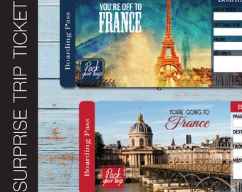 May include: Two printable boarding passes with a Parisian theme. The top pass features the Eiffel Tower and the bottom pass features a bridge and buildings. Both passes have the text "You're off to France" and "You're going to France".