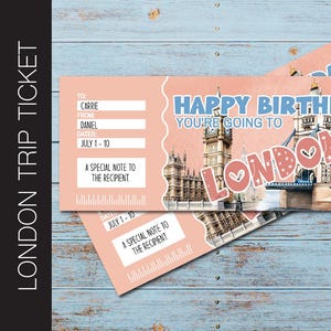 LONDON Geburtstagsüberraschungsreise-Geschenk-Karte. Gesamter Text bearbeitbar. Bordkarte. Druckvorlage. Urlaubsgutschein. Druck/E-Mail Corjl