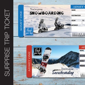 Ingressos para viagem surpresa de SNOWBOARDING para impressão. Ingresso de férias. Cartão de embarque.