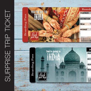 Printable INDIA Surprise Trip Gift Ticket. Boarding Pass. Trip Ticket. Vacation Ticket. Instant Download. Editable PDF File.