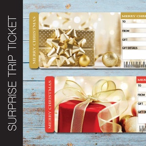 Ausdruckbare WEIHNACHTS-Überraschungsreise-Geschenk-Karte. Bordkarte. Druckbares Ticket. Fahrtkarte. Urlaubsticket. PDF Sofortdownload