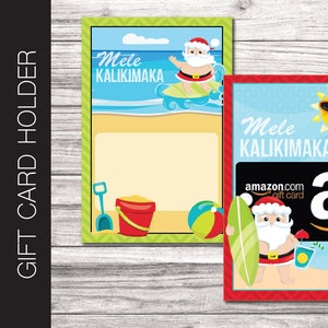 Druckbare WEIHNACHTEN Hawaii Themed Geschenkkartenhalter. Surfender Weihnachtsmann. Mele Kalikimaka! Sofort Download. Personalisierte Nachricht.