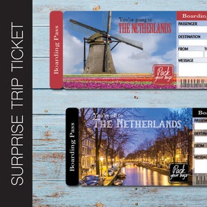 Printable NETHERLANDS Surprise Trip Gift Ticket. Boarding Pass. Trip Ticket. Vacation Ticket. Instant Download. Editable PDF File.