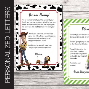 Letras personalizadas con temática de TOY STORY para imprimir para un viaje sorpresa a Universal Studios o Nickelodeon. Texto editable en formato PDF.