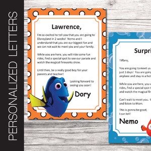 Letras personalizadas imprimibles con temática de NEMO y DORY para un viaje sorpresa. Viaje a Universal Studios o Nickelodeon. Texto editable en PDF.