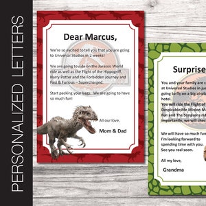 Letras personalizadas com tema JURASSIC para impressão para viagem surpresa. Viagem para a Universal Studios ou Nickelodeon. PDF com texto editável.