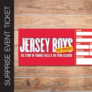 Druckbare JERSEY BOYS Broadway Surprise Ticket. Bearbeitbares Musiktheater Faux Event Eintritt Souvenir Andenken. PDF Sofortdownload