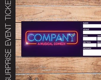 COMPANY Musical Comedy Broadway Surprise Ticket. Bewerkbaar toegangsbewijs voor muziektheater namaakevenement. Pdf direct digitaal downloaden.