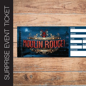 Druckbare MOULIN ROUGE Broadway-Überraschungskarte. Bearbeitbares Musiktheater Faux Event Eintritt Souvenir Andenken. PDF Sofortdownload