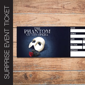 Druckbares PHANTOM der OPERA Broadway Surprise Ticket. Bearbeitbares Musiktheater-Faux-Event-Admission-Andenken. PDF Sofortdownload